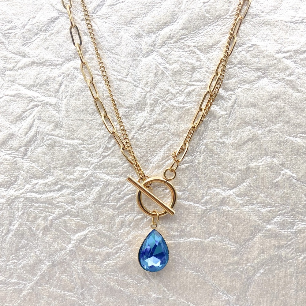 Gold plated over stainless steel , Blue Gemstone Necklace with Teardrop Pendant